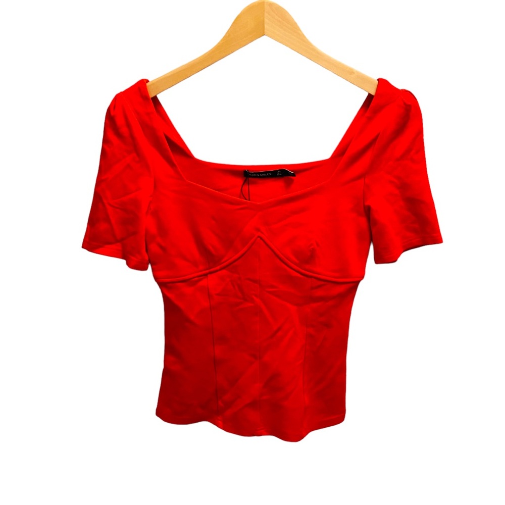 KAREN MILLEN NWT Corset Detail Ponte Knit Top Fire Red